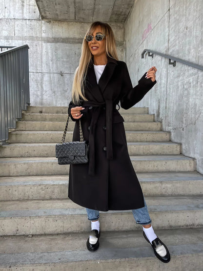 Double-breasted Lapel Split Jacket With Belt